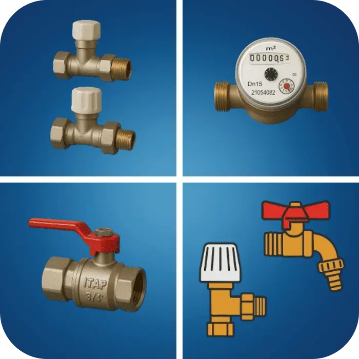 різні крани, для газу, води, центрального опалення, з метеликами або ручками