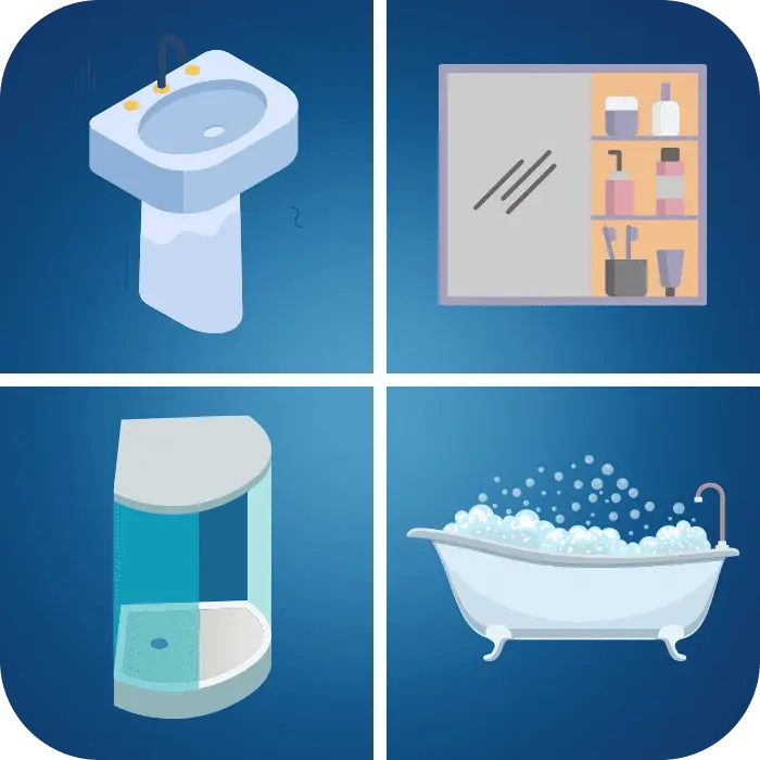 Ванна, кімната, з гарною сірою плиткою, унітазом, умивальником та білими меблями 