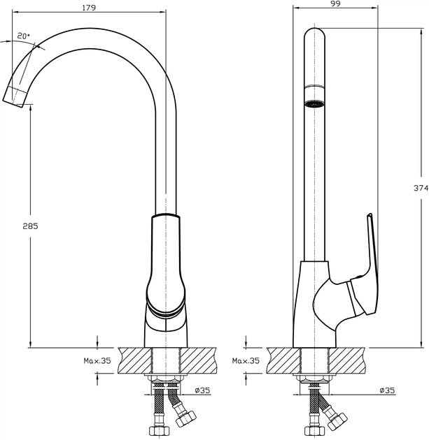 Змішувач одноважільний для кухні 35 мм Twist
